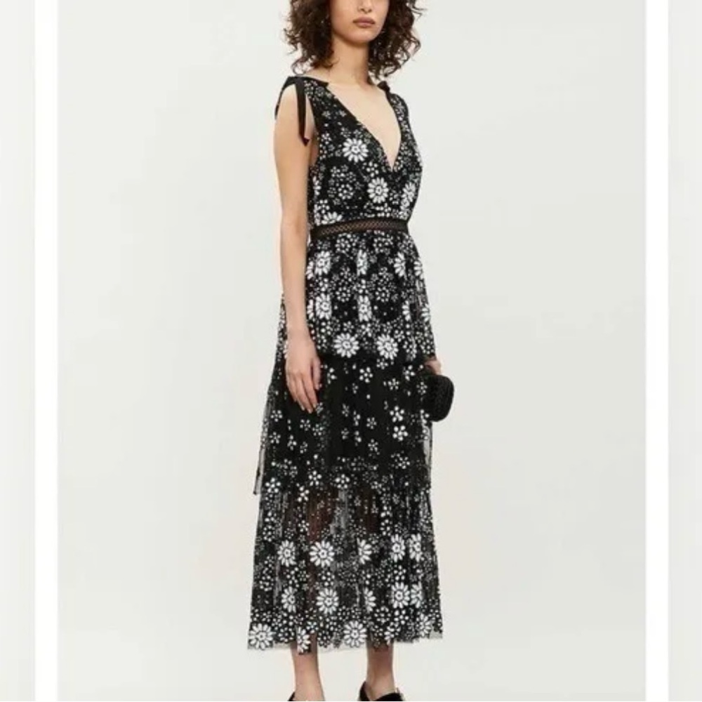 Self-Portrait Black and White Floral Midi Dress